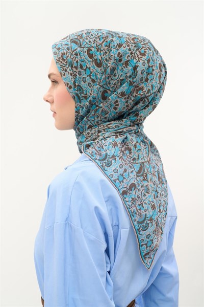 Tencel Monare Eşarp Saray Baharı Desen Gök Mavi 90X90