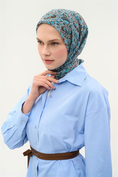 Tencel Monare Eşarp Saray Baharı Desen Gök Mavi 90X90