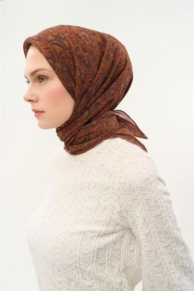 Tencel Monare Eşarp Saray Baharı Desen Koyu Turuncu 90X90