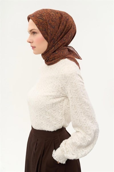 Tencel Monare Eşarp Saray Baharı Desen Koyu Turuncu 90X90