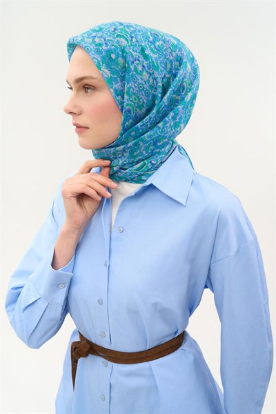 Tencel Monare Eşarp Saray Baharı Desen Mavi 90X90
