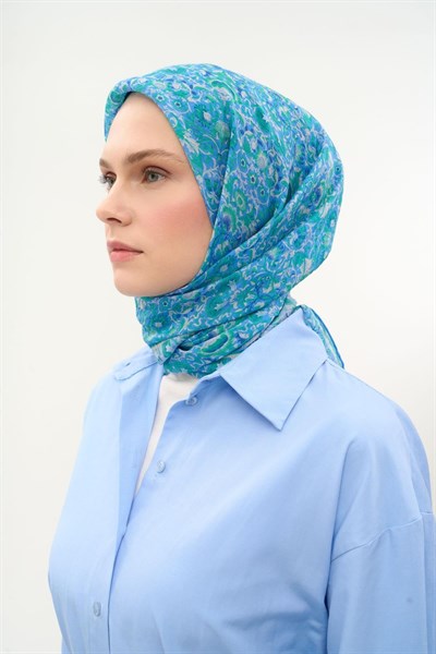 Tencel Monare Eşarp Saray Baharı Desen Mavi 90X90