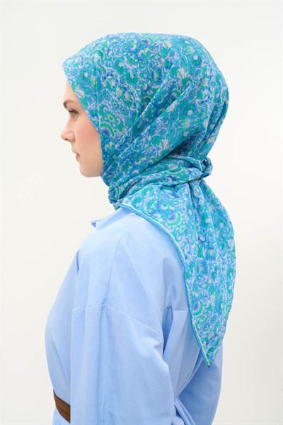 Tencel Monare Eşarp Saray Baharı Desen Mavi 90X90