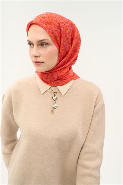Tencel Monare Eşarp Saray Baharı Desen Somon Pembe 90X90
