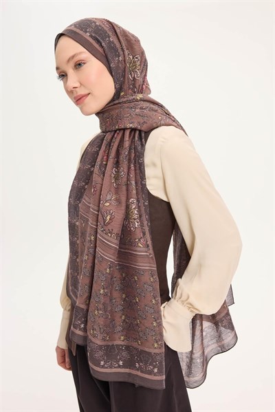 Tencel Monare Şal Acı Kahve Çiçek Desen 75x195