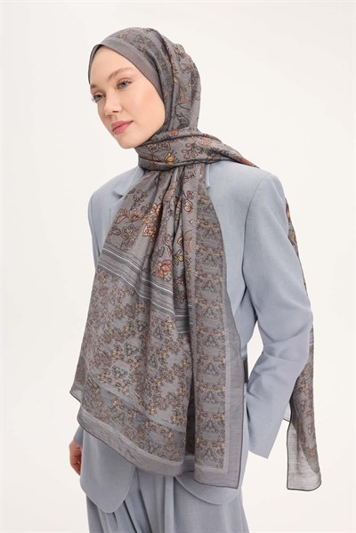 Tencel Monare Şal Açık Gri Çiçek Desen 75x195