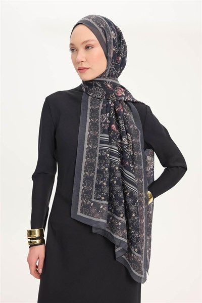 Tencel Monare Şal Antrasit Çiçek Desen 75x195