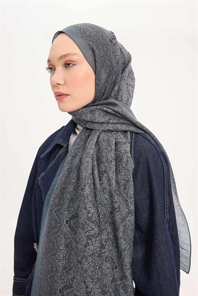 Tencel Monare Şal Antrasit Etnik Desen 75x195