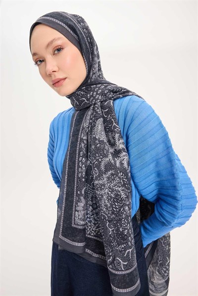 Tencel Monare Şal Antrasit Vintage Botanik Desen 75x195