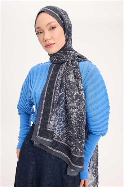 Tencel Monare Şal Antrasit Vintage Botanik Desen 75x195