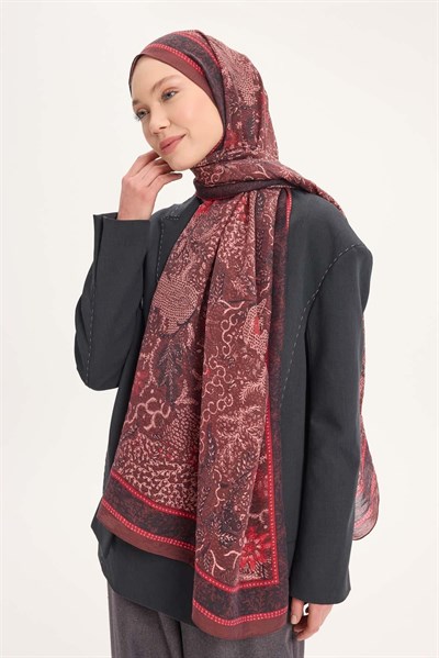 Tencel Monare Şal Bordo Vintage Botanik Desen 75x195