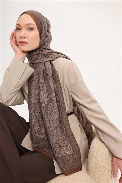 Tencel Monare Şal Çikolata Kahve Etnik Desen 75x195