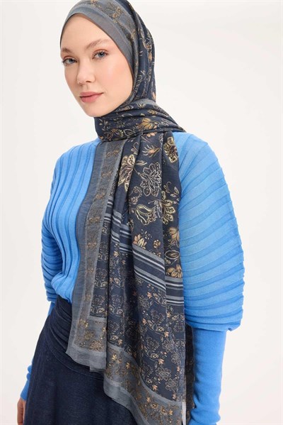 Tencel Monare Şal Gri Çiçek Desen 75x195
