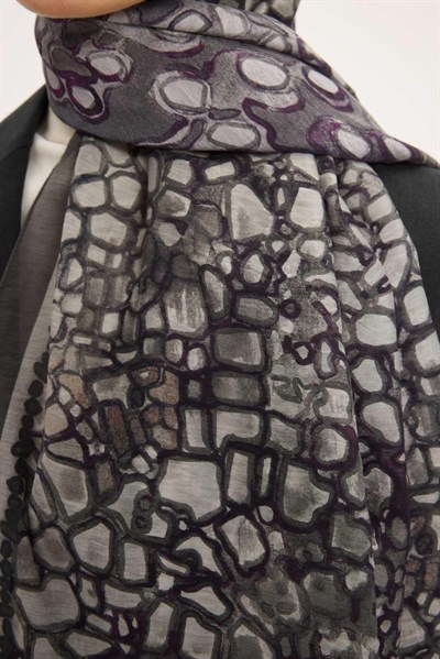 Tencel Monare Şal Gri Taş Desen 75x195