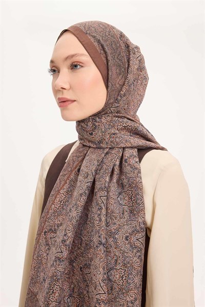 Tencel Monare Şal Kahverengi Etnik Desen 75x195