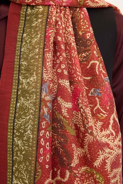 Tencel Monare Şal Kiremit Kırmızı Vintage Botanik Desen 75x195