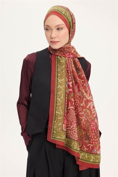 Tencel Monare Şal Kiremit Kırmızı Vintage Botanik Desen 75x195