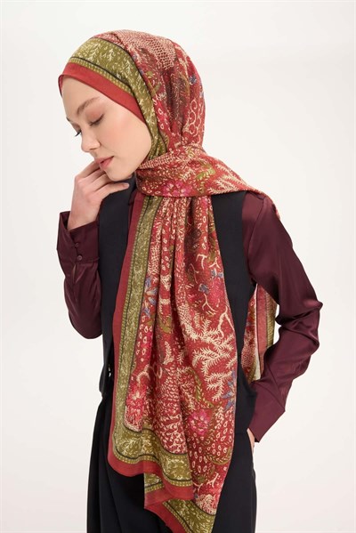 Tencel Monare Şal Kiremit Kırmızı Vintage Botanik Desen 75x195