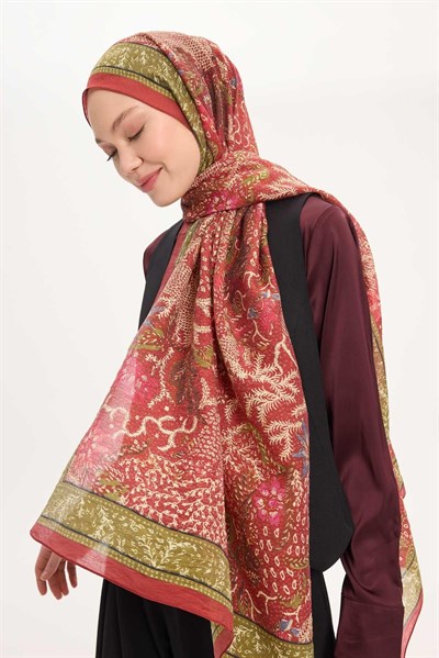Tencel Monare Şal Kiremit Kırmızı Vintage Botanik Desen 75x195