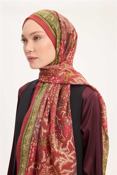 Tencel Monare Şal Kiremit Kırmızı Vintage Botanik Desen 75x195