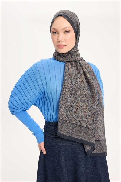 Tencel Monare Şal Koyu Antrasit Etnik Desen 75x195