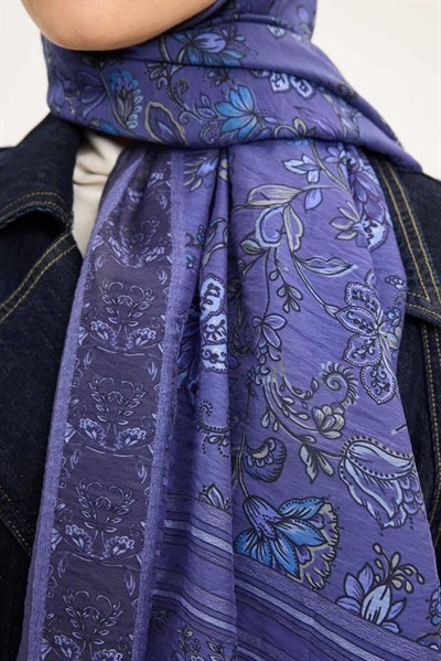 Tencel Monare Şal Koyu Mor Çiçek Desen 75x195