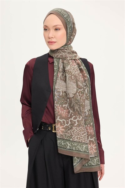 Tencel Monare Şal Koyu Vizon Vintage Botanik Desen 75x195