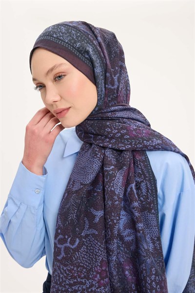 Tencel Monare Şal Mürdüm Kahve Vintage Botanik Desen 75x195