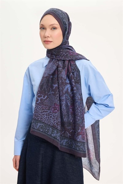 Tencel Monare Şal Mürdüm Kahve Vintage Botanik Desen 75x195