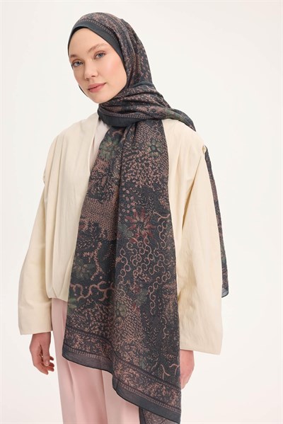 Tencel Monare Şal Petrol Yeşili Vintage Botanik Desen 75x195