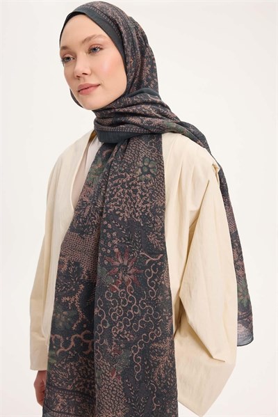 Tencel Monare Şal Petrol Yeşili Vintage Botanik Desen 75x195