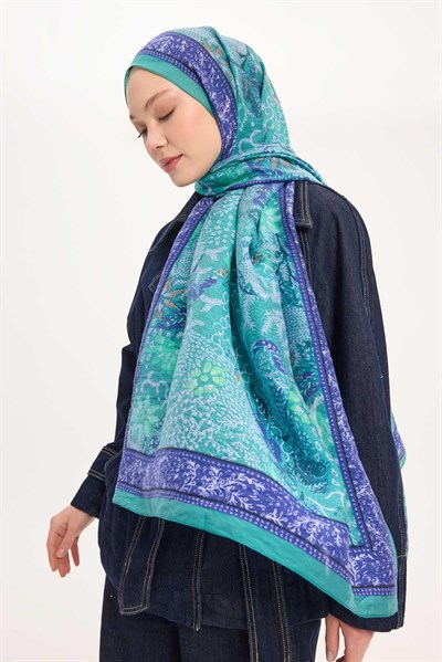Tencel Monare Şal Turkuaz Vintage Botanik Desen 75x195