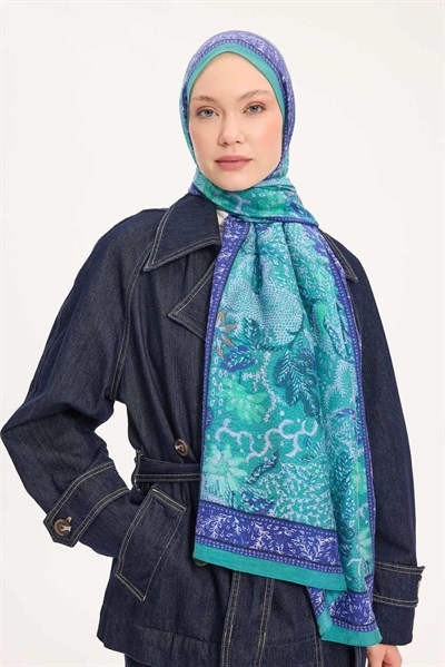 Tencel Monare Şal Turkuaz Vintage Botanik Desen 75x195