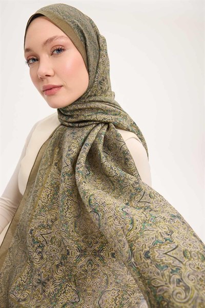 Tencel Monare Şal Yağ Yeşili Etnik Desen 75x195