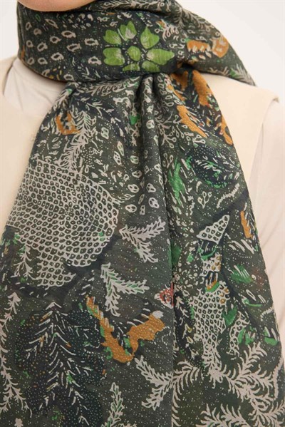 Tencel Monare Şal Yeşil Vintage Botanik Desen 75x195