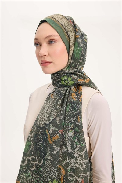 Tencel Monare Şal Yeşil Vintage Botanik Desen 75x195