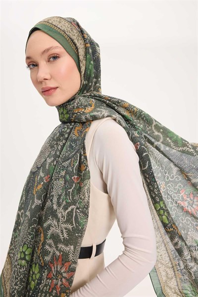 Tencel Monare Şal Yeşil Vintage Botanik Desen 75x195