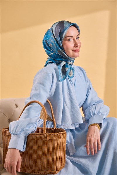 Twill İpek Bloom Eşarp Gök Mavi 90x90