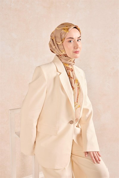Twill İpek Detailed Belt Eşarp Bej 90x90