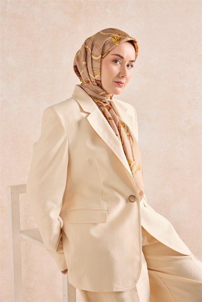 Twill İpek Detailed Belt Eşarp Bej 90x90