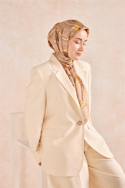Twill İpek Detailed Belt Eşarp Bej 90x90