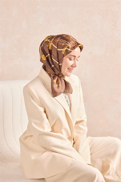 Twill İpek Detailed Belt Eşarp Kahverengi 90x90