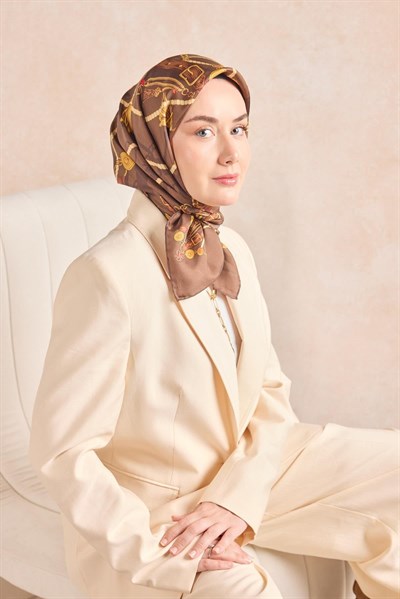 Twill İpek Detailed Belt Eşarp Kahverengi 90x90