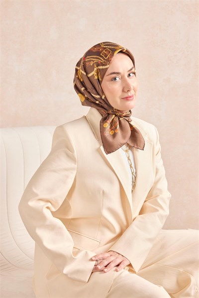 Twill İpek Detailed Belt Eşarp Kahverengi 90x90