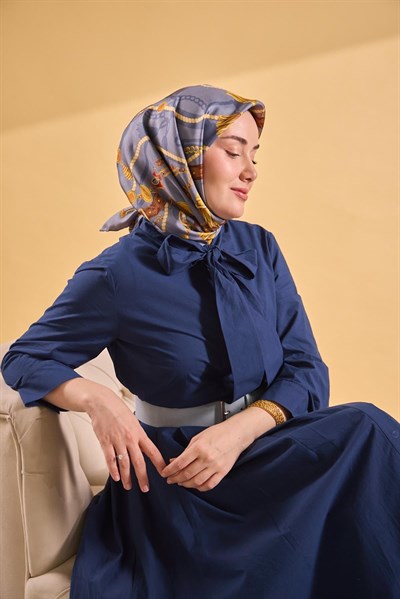Twill İpek Detailed Belt Eşarp Koyu Gri 90x90