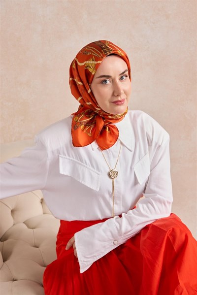 Twill İpek Detailed Belt Eşarp Koyu Turuncu 90x90