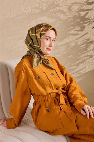Twill İpek Detailed Belt Eşarp Koyu Yeşil 90x90