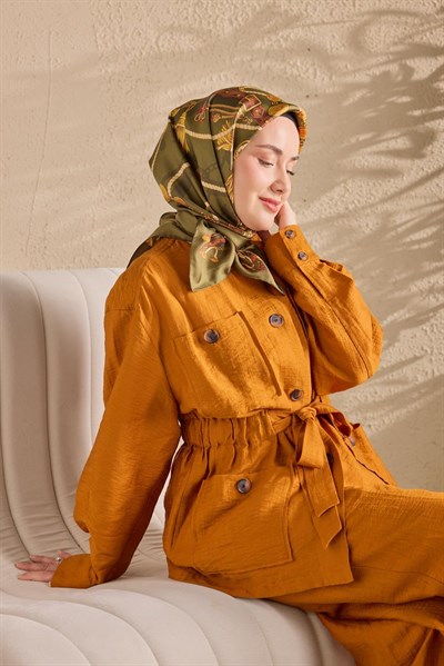 Twill İpek Detailed Belt Eşarp Koyu Yeşil 90x90