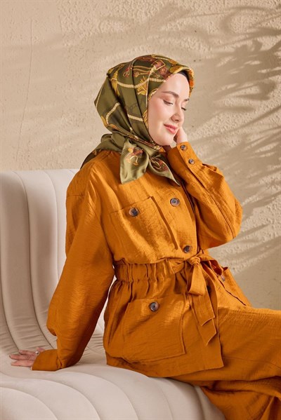 Twill İpek Detailed Belt Eşarp Koyu Yeşil 90x90