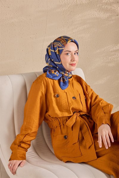 Twill İpek Detailed Belt Eşarp Mavi 90x90